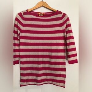 Tory Burch Pink and Cream Striped T Shirt Size Small